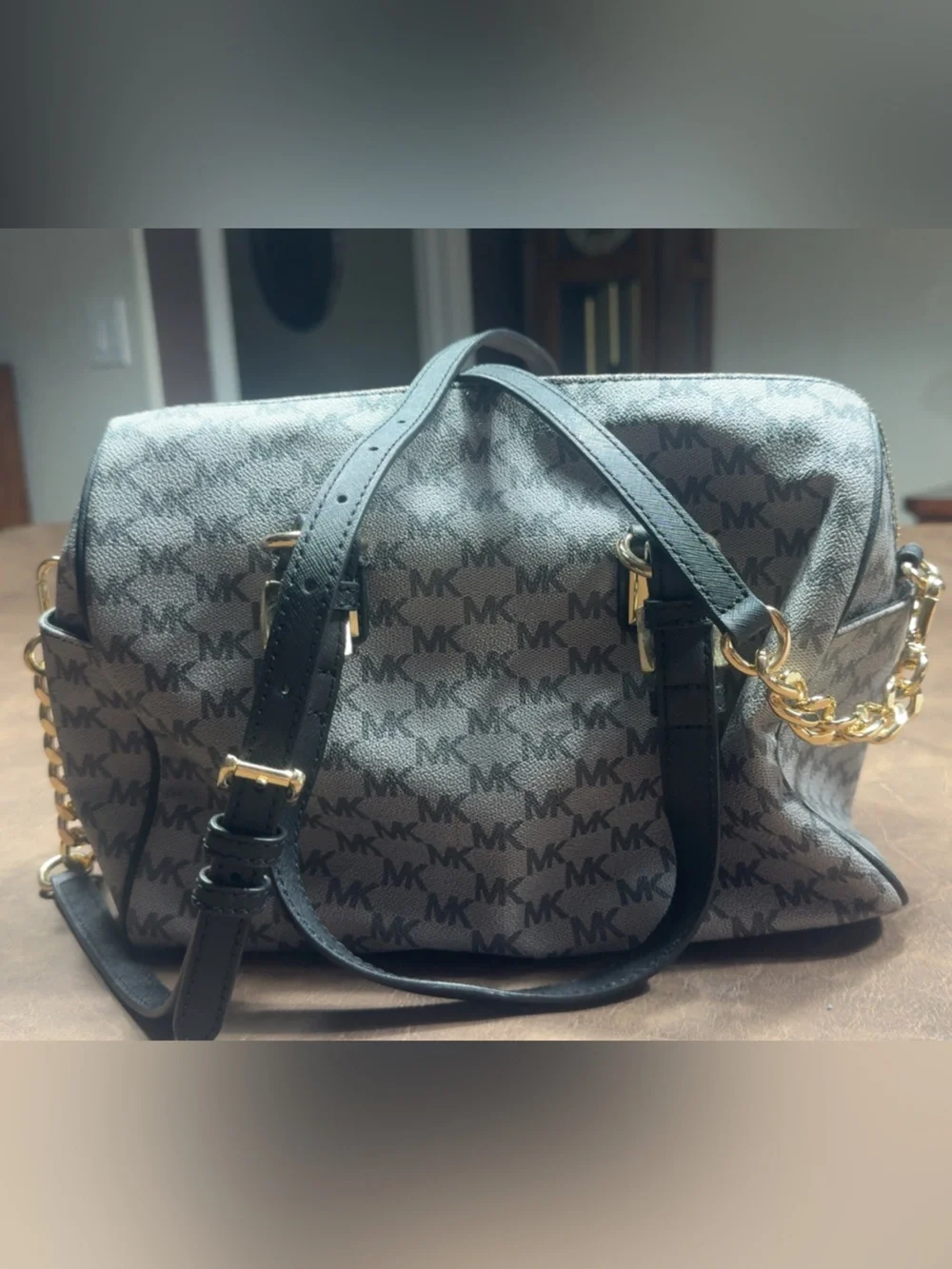 Michael Kors Black & Gray Signature Chain-Accent Shoulder Bag